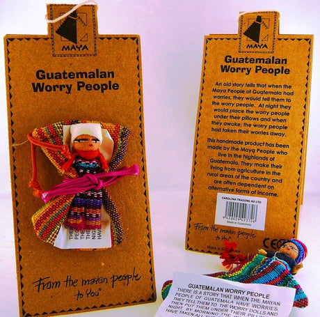 Set of 12 handcrafted Guatemalan Worry Dolls in a cloth bag, designed for easing worries and embracing Mayan tradition.