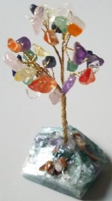 Gemstone tree with colorful branches on a crystal base, promoting positivity and spiritual growth, height 10 cm.