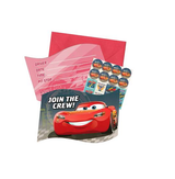 Vibrant Cars 3 birthday invitations in a pack of 8, featuring envelopes, seals, and Save the Date stickers for memorable celebrations.