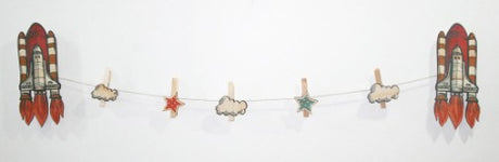 Eco-friendly Space Shuttle art display for kids, made of pine veneer, showcasing their artwork with vibrant colors.