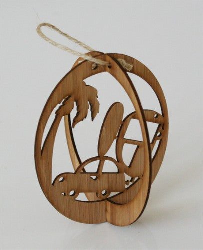 Unique bamboo ornament featuring a surfer design, perfect for coastal decor enthusiasts and adding vibrant beach vibes.