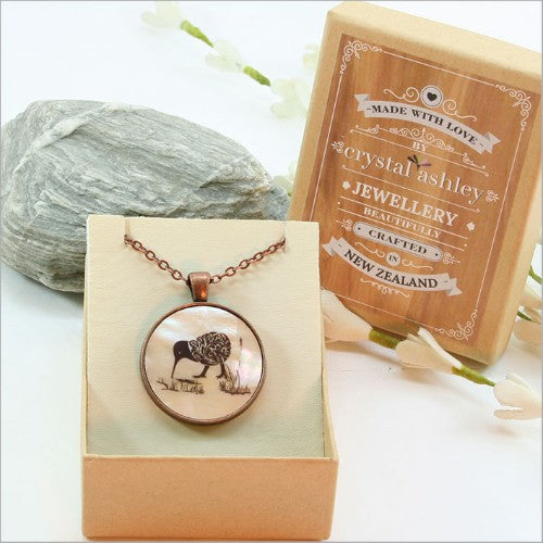 Circle pendant necklace featuring a kiwi design on mother of pearl, includes a 75cm chain and elegant gift box.