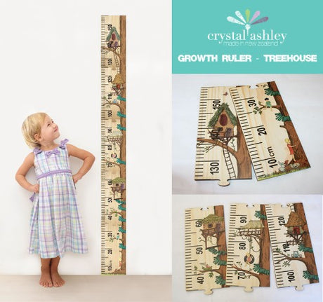 Growth Chart Ruler featuring a whimsical treehouse design, crafted from eco-friendly pine veneer, measuring 1.5m tall.