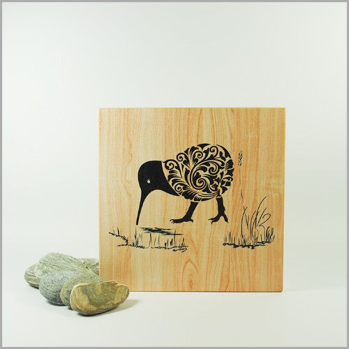 Plywood Art Block featuring a filigree kiwi design, eco-friendly, 120mm square, ready to hang decor for any space.