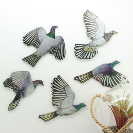 Beautiful Printed ACM Birds Set featuring five vibrant Kereru designs on brushed silver, ideal for indoor and covered outdoor decor.