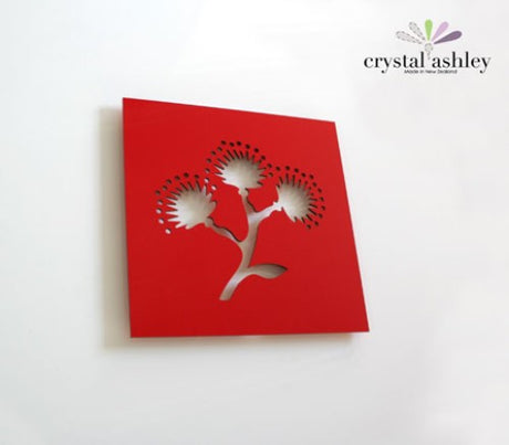 Vibrant Pohutukawa wall art in red ACM, 300mm square, elegantly showcases New Zealand's iconic tree blooms.