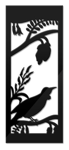 Vibrant wall art depicting a Tui on a Kowhai branch, crafted from durable ACM, suitable for indoor and outdoor decor.