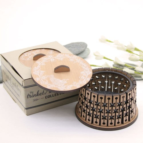 Elegant round trinket box featuring a Tui bird on Manuka flowers, crafted from NZ Beech veneer, perfect for keepsakes.