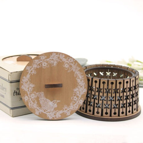 Round trinket box featuring a Tui bird on Manuka blossoms, crafted from NZ Beech veneer, perfect for storing jewelry.