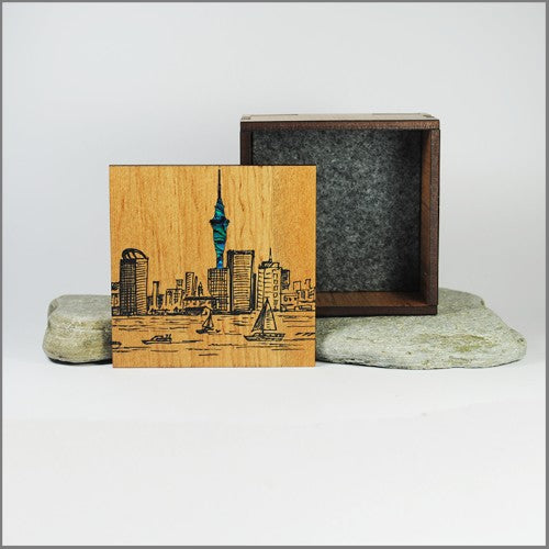 Elegant small Auckland trinket box in NZ Silver Beech veneer with vibrant paua inlay, perfect for storing keepsakes.