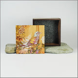 Trinket Box featuring a printed bird design, made from NZ Silver Beech veneer, compact storage for keepsakes.