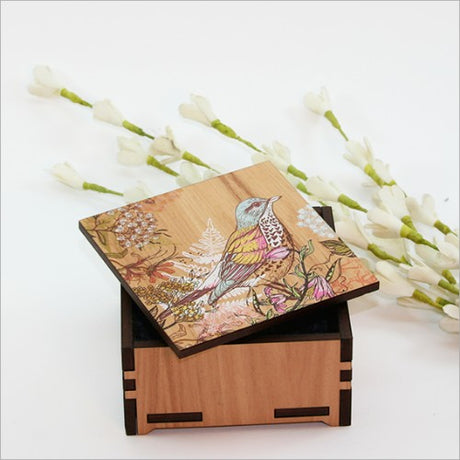 Small wooden trinket box featuring a bird design, crafted from NZ Silver Beech veneer, ideal for jewelry and keepsakes.