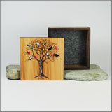 Small wooden trinket box featuring intricate bird and tree design with paua inlay, perfect for jewelry and keepsakes.