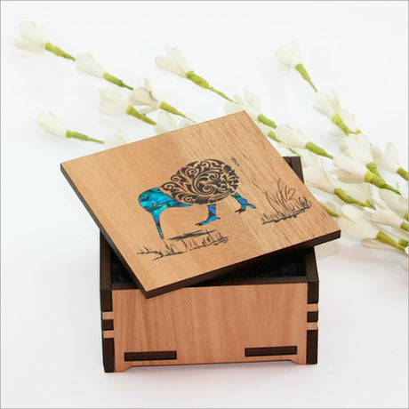 Small decorative trinket box with NZ paua inlay and filigree design, made from Silver Beech veneer, perfect for jewelry storage.