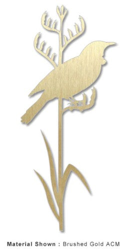 Kiwiana wall art featuring a Tui on tall flax in brushed gold, perfect for nature-inspired home decor.