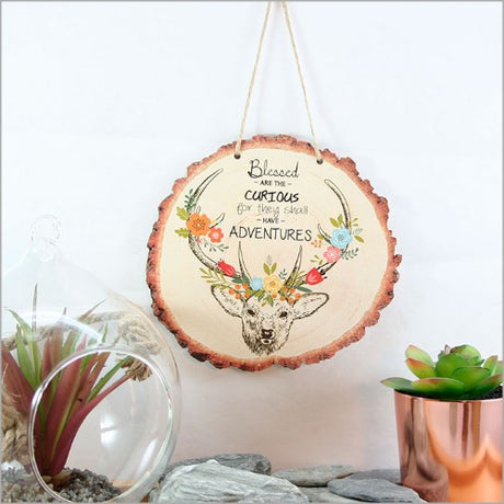 Wood slice wall art featuring a detailed deer design, perfect for rustic decor and nature lovers, measuring 155mm x 145mm.