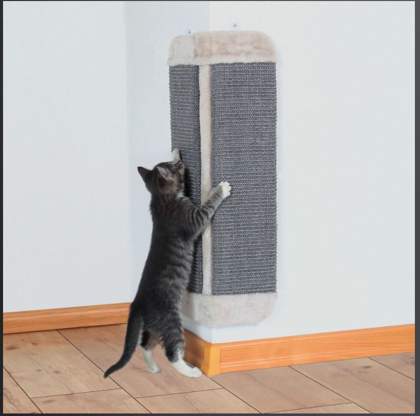 Grey cat scratching board/post for corners, featuring durable sisal and plush fabric for scratching and lounging.