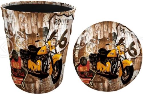 Padded storage bins and stools with Route 66 Motorbike design, ideal for stylish organization and comfortable seating.