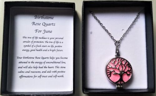 Elegant 70cm Birthstone Necklace featuring genuine rose quartz, celebrating June birthdays with healing and love.