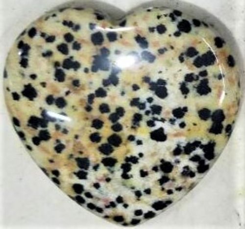 Dalmatian Jasper heart (4cm) with unique spotted patterns, perfect for home decor and promoting emotional healing.