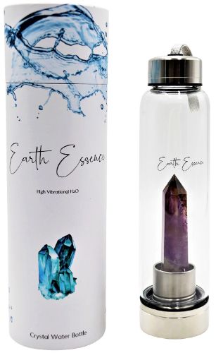 Amethyst crystal point water bottle (550ml) in borosilicate glass with stainless steel lid for stylish hydration.