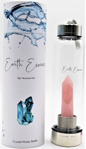 Elegant rose quartz-infused water bottle (550ml) with durable borosilicate glass and stainless steel components for easy cleaning.