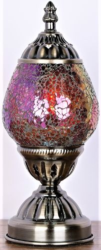 Turkish Oval Mosaic Lamp in pink and orange, 16cm, handcrafted with vibrant colors and LED bulb for warm ambiance.