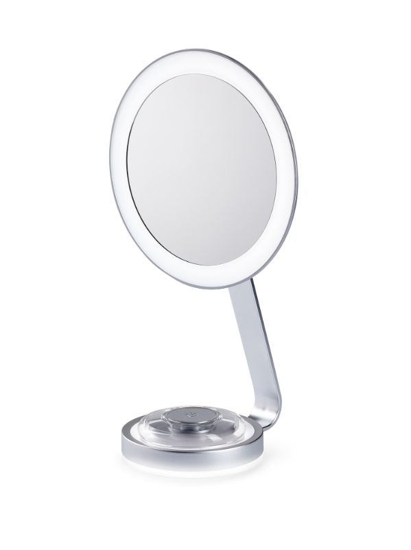 LED lighted mirror with 1X/10X magnification, adjustable brightness, and night light for detailed makeup application.