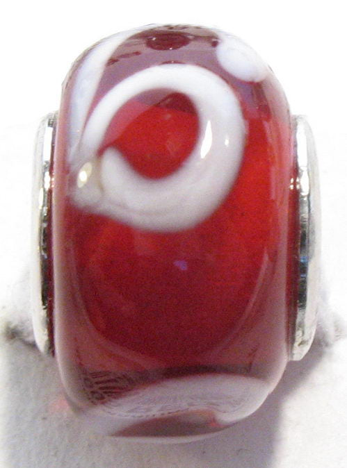 Handcrafted red and white Koru glass beads, 4.5mm holes, perfect for Pandora bracelets and meaningful jewelry designs.