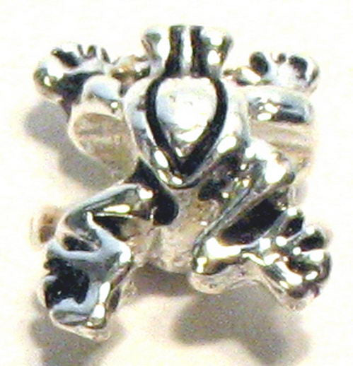 Set of 8 whimsical frog metal beads, silver-plated with anti-tarnish, perfect for DIY jewelry and compatible with Pandora bracelets.
