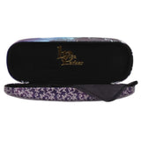 Stylish glasses case featuring wolf art 'Guidance' by Lisa Parker, includes cleaning cloth and metallic gold logo.