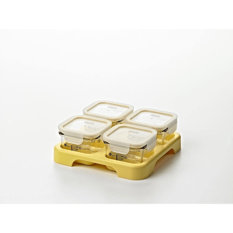 A 4-piece baby food storage set with a tray, featuring tempered glass containers with airtight, leak-proof lids and eco-friendly design.