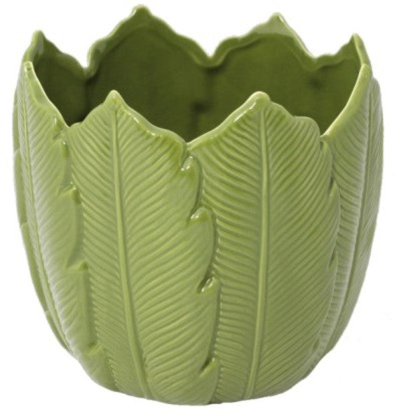 Ceramic pot in vibrant green with elegant leaf design, perfect for small to medium plants, adds style to any space.