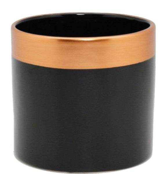Elegant black ceramic pot with copper rim, 13.5cm diameter, perfect for showcasing indoor plants and enhancing decor.