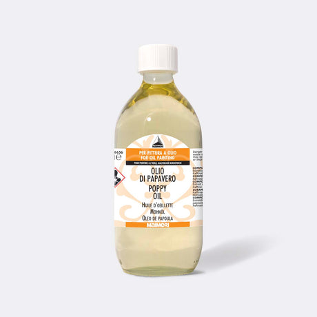 500ml Maimeri Poppy Oil in a glass bottle, ideal for enhancing oil paints with brilliance and smooth textures.