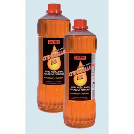 1-Litre bottle of eco-friendly Citronella Oil for repelling mosquitoes, ideal for garden torches and outdoor gatherings.