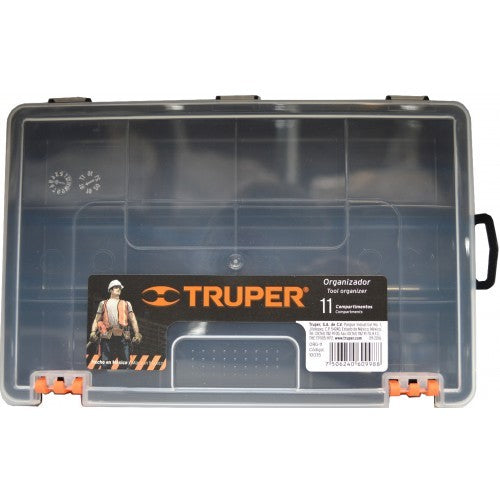 Truper 11-compartment plastic organizer with transparent cover for easy visibility and durable polypropylene construction.