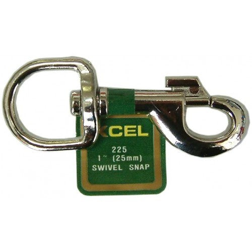 Durable 1-1/4" metal snap hook with spring clasp and swivel eye, perfect for pet leads and outdoor gear organization.