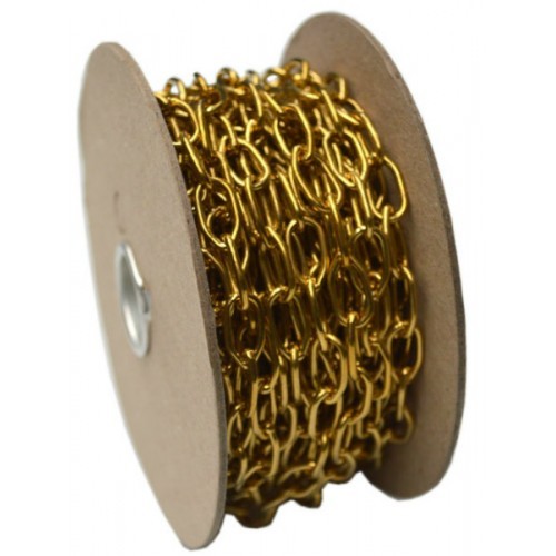 10m brass oval link chain with 3/8" links, perfect for light-duty applications and decorative projects.