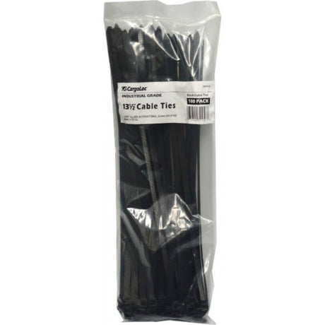 Heavy-duty black cable ties, 13-1/2 inches long, with 120 lbs tensile strength, ideal for bundling and fastening applications.