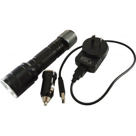 Versatile Element Xr9 Rechargeable LED Torch with 800 lumens, USB powerbank, shockproof, and water-resistant design.