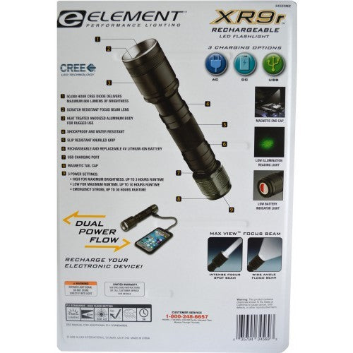 Rugged Element XR9 rechargeable LED torch with USB powerbank, 800 lumens, adjustable beam, water-resistant, and shockproof.