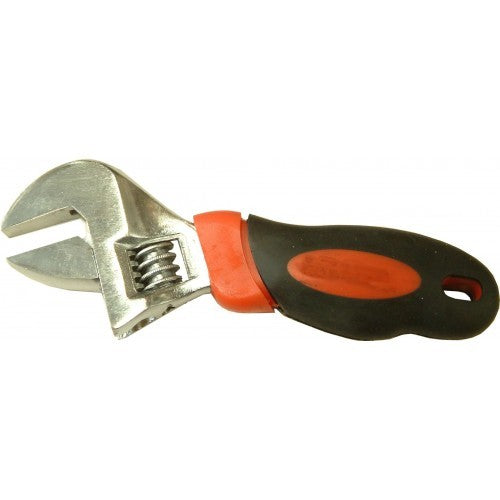 Stubby adjustable wrench with rubber grip, compact design for tight spaces, ideal for home and automotive repairs.