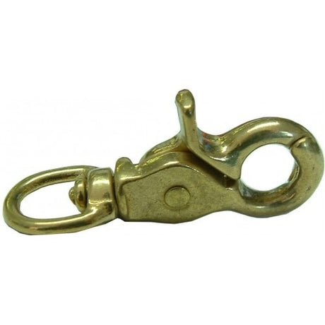 Brass swivel snap hook with a trigger mechanism, designed for straps up to 12mm, ideal for various fastening needs.