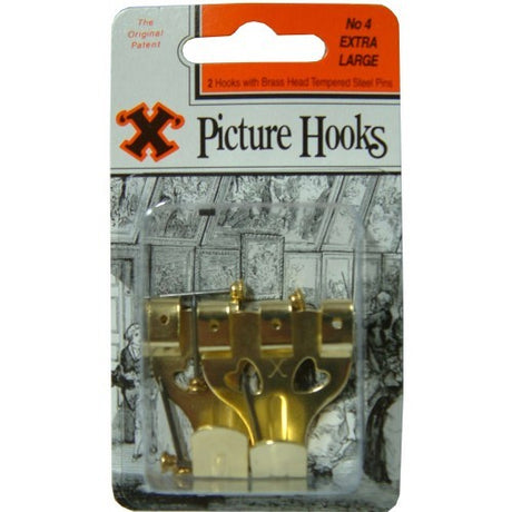 Extra-large brass plated steel picture hooks with blued steel pins, perfect for secure wall decor installation.