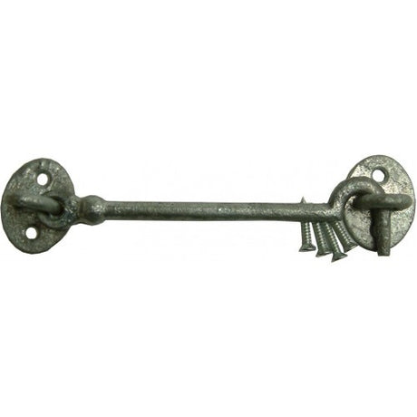 Cabin Hook Galv. 304mm: Durable galvanized cast iron hook for securely holding doors and gates open, ideal for indoor and outdoor use.