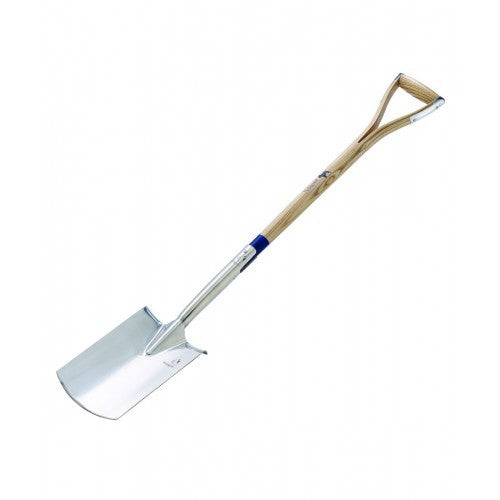 Bulldog stainless garden spade with wood handle, ideal for planting and digging, featuring a comfortable ergonomic grip.