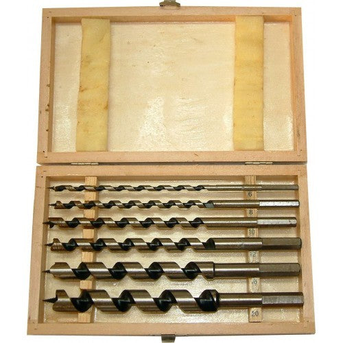 High-quality 6-piece auger bit set in wood box, sizes 6mm to 20mm, ideal for woodworking and DIY projects.