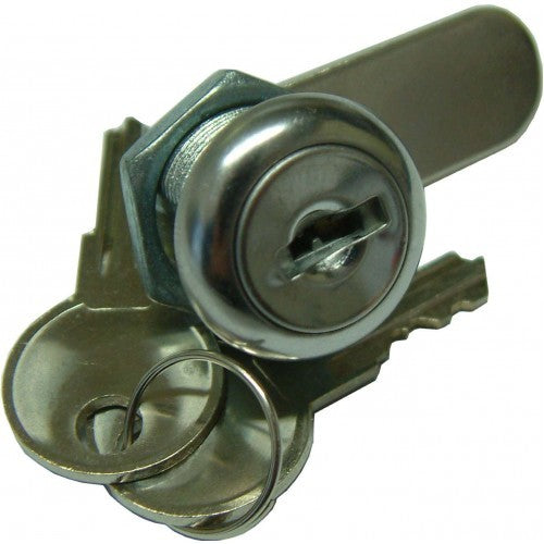 Cam Lock 11mm Xcel Chrome Plated with Backnut, durable and secure for lockers and cabinets, includes 2 unique keys.