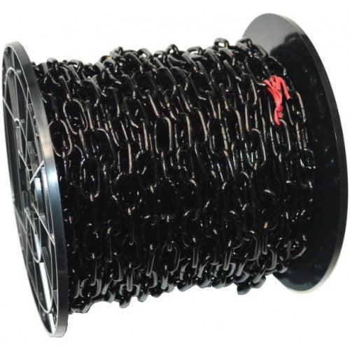 Chain Coil Wiggins 15m Japanned reel with sleek black finish, 280kg capacity, ideal for heavy-duty interior projects.